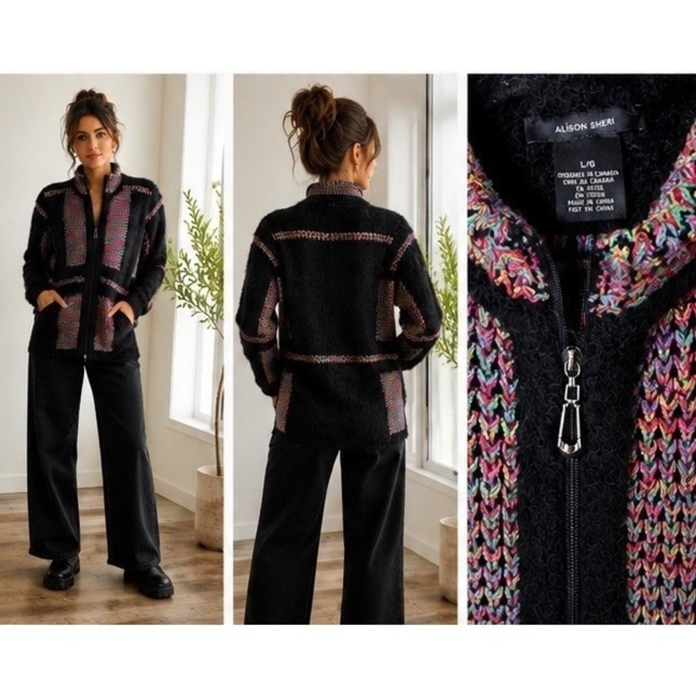 Alison Sheri Full Zip Cardigan Womens L Black Multi Color Fuzzy Knit